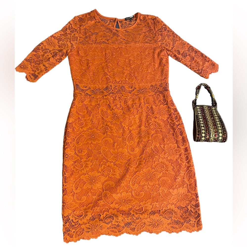 L FASHION NOVA ORANGE WEDDING GUEST 3/4 SLEEVE LACE MINI DRESS (bag included)